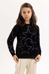 Junior Girl Black Jacquard Knit Sweater With Round Neck 224-411-047