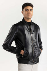 Black Leather Bomber Jacket 224-110-001