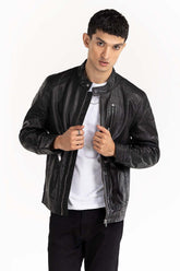 Black Leather Moto Racer Jacket JKT-LTH22-058