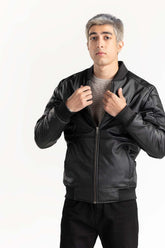 Black Puffer Leather Jacket 224-110-053