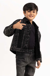 Junior Boy Black Wash Collared Denim Jacket 224-310-056
