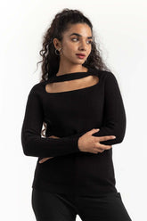 Black Neck Cutout Sweater 224-211-049