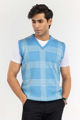 Blue Checkered Crew Neck Sleeveless Sweater SWT-FSLVN22-143-1