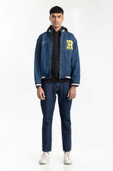 Blue Ribbed Collared Denim Jacket 224-110-038
