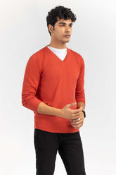 Brick-Red Basic V Neck Sweater SWT-BFSVN-22-008