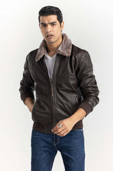 Brown Leather Flight Jacket with Fur Collar JKT-LTH22-052