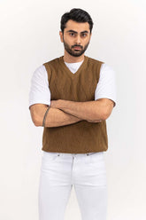 Brown Textured V Neck Sleeceless Sweater SWT-FSLVN22-205-2