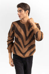 Camel Black Zebra Striped Crew Neck Sweater SWT-FFSCN22-235-1