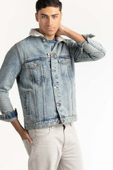 Blue Denim Jacket With Faux Shearling 224-110-032