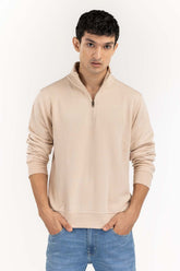 Ecru Basic Quarter Zip Mock Neck SweatShirt JKT-KNTMNZ22-089