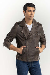 Green Leather biker Jacket JKT-LTH22-036
