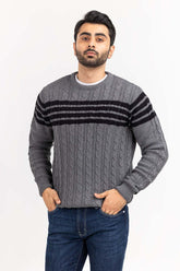 Heather Grey Striped cabling Crew Neck Sweater SWT-FFSCN22-206