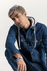 Dark Blue Hooded Denim Jacket with Print at Back 224-110-033