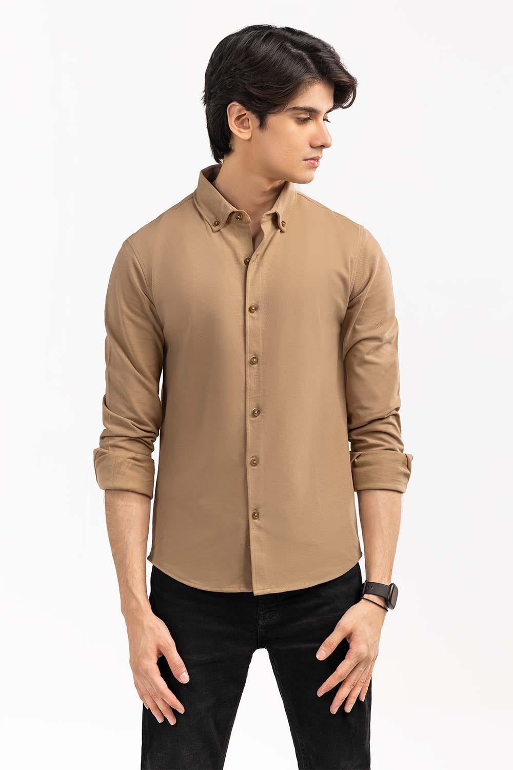 Khaki Basic Knitted Casual Shirt FS-CS-KNIT-D16