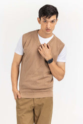 Light Brown Textured Crew Neck Sleeveless Sweater SWT-FSLVN22-136