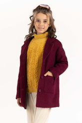 Junior Girl Maroon Long Coat With Long Sleeves 224-410-030
