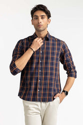Navy and Orange Yarn Dyed Checkered Casual Shirt MN-CS-YD23-020