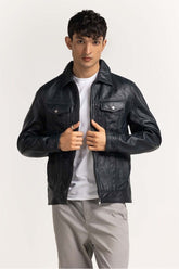 Navy Blue Leather Jacket MN-JKT-WS23-201