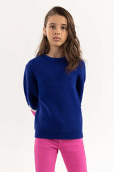 Junior Girl Navy Sweater With Round Neck And Long Sleeves 224-411-023