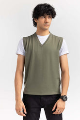 Olive Basic V Neck Sleeveless Sweater SWT-BSLVN-22-013