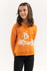 Junior Girl Orange Sweater With Round Neck And Long Sleeves 224-411-025