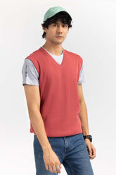 Rose Red Basic V Neck Sleeveless Sweater SWT-BSLVN-22-008