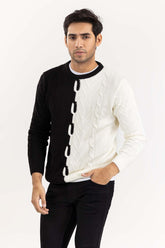 White Black Color Block Cabling Sweater SWT-FFSCN22-112
