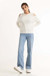 White Cold Shoulder Knit Sweater 224-211-048
