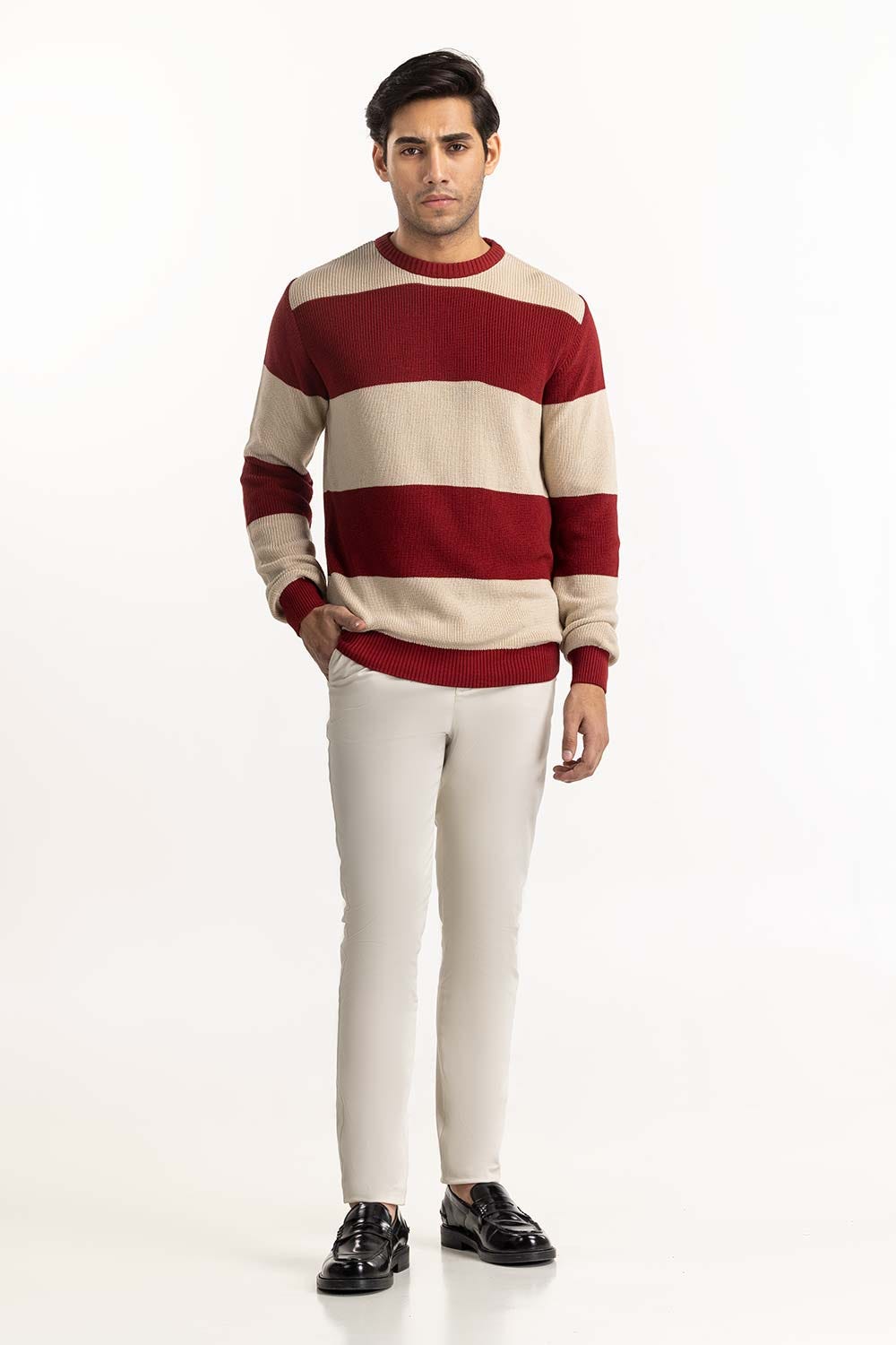 Beige-Red Striped Sweater SWT-FFSCN22-201-1