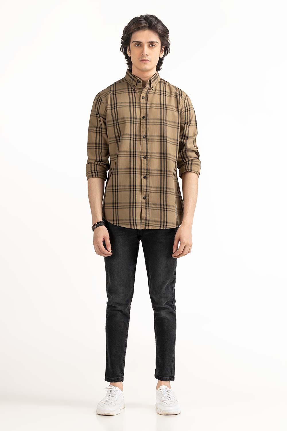 Beige Black Checkered Casual Shirt CS-YD22-045