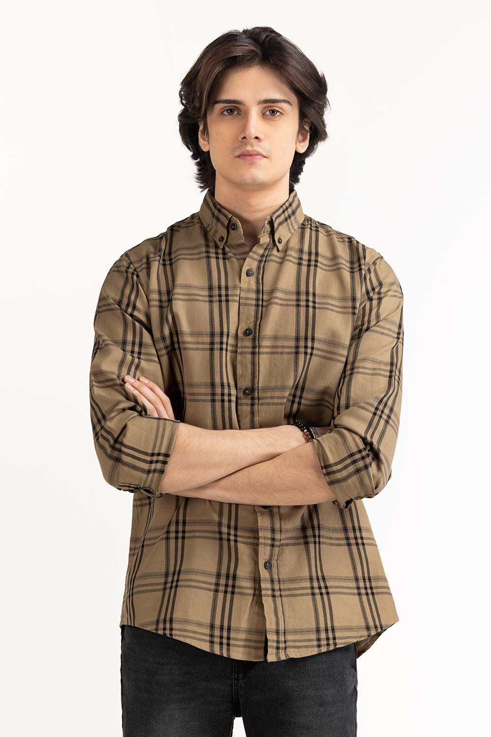 Beige Black Checkered Casual Shirt CS-YD22-045