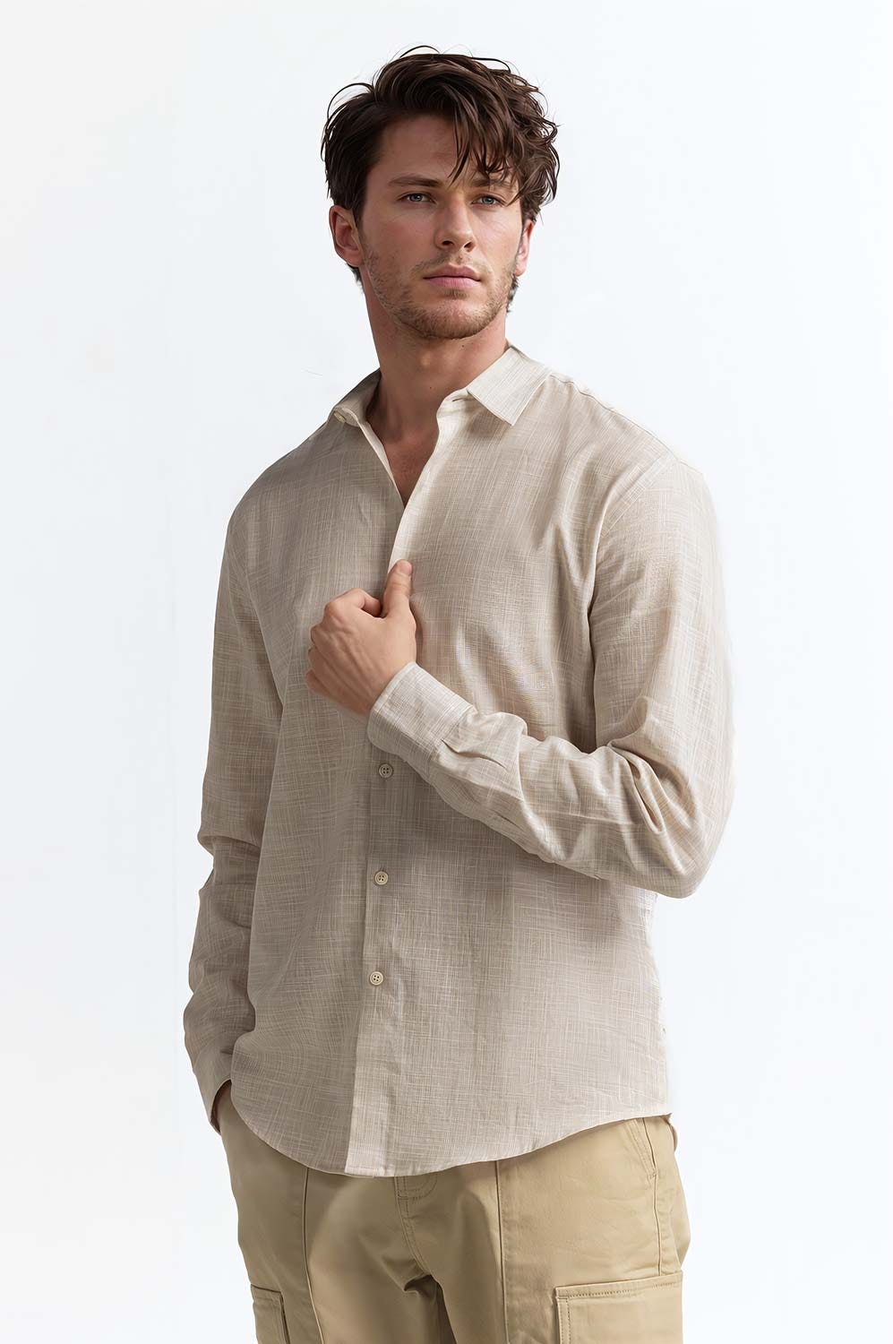 Beige Self Textured Casual Shirt MN-CS-SS24-009