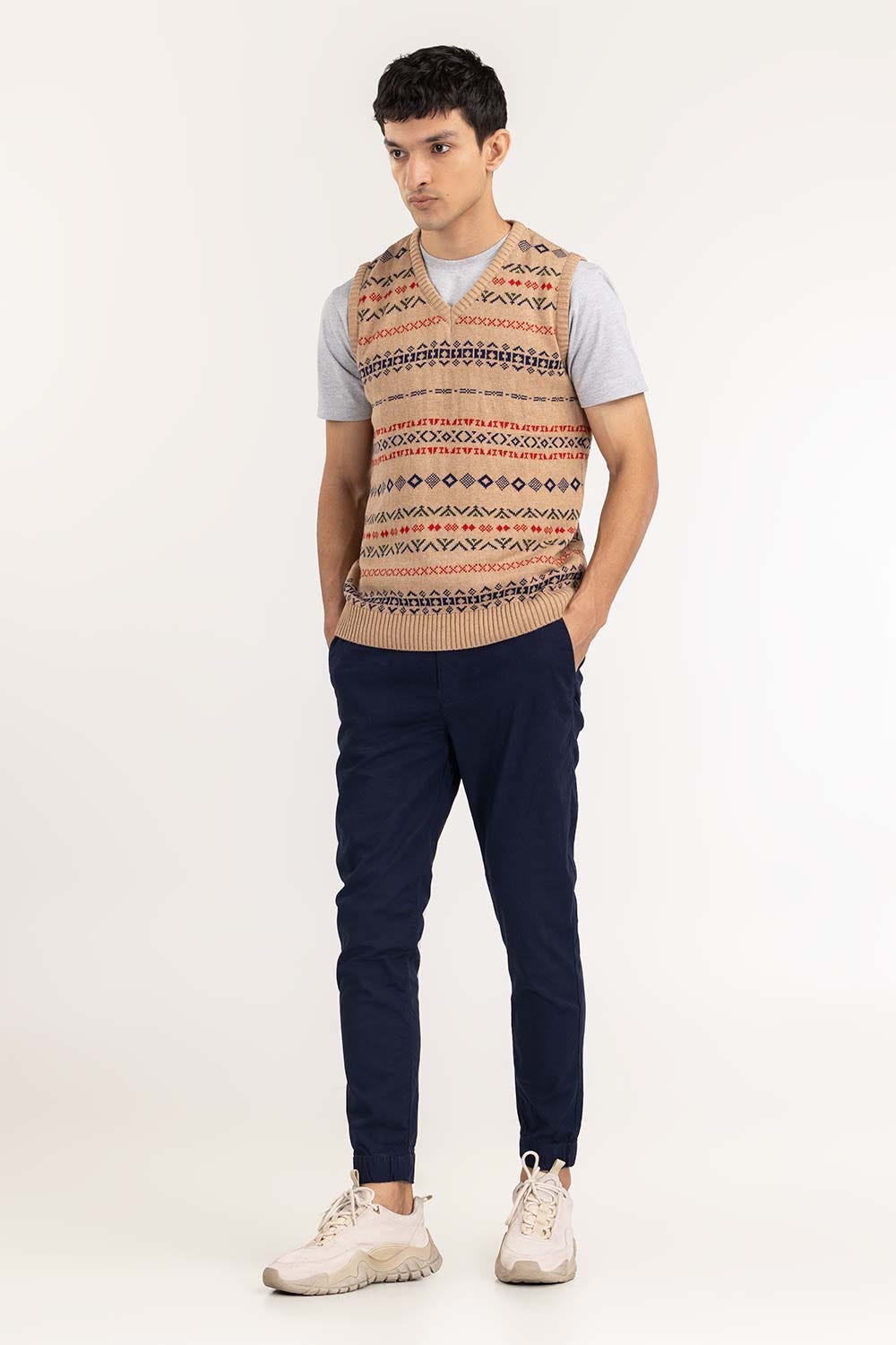 Beige Sleeveless Pattern Sweater SWT-FSLVN22-162