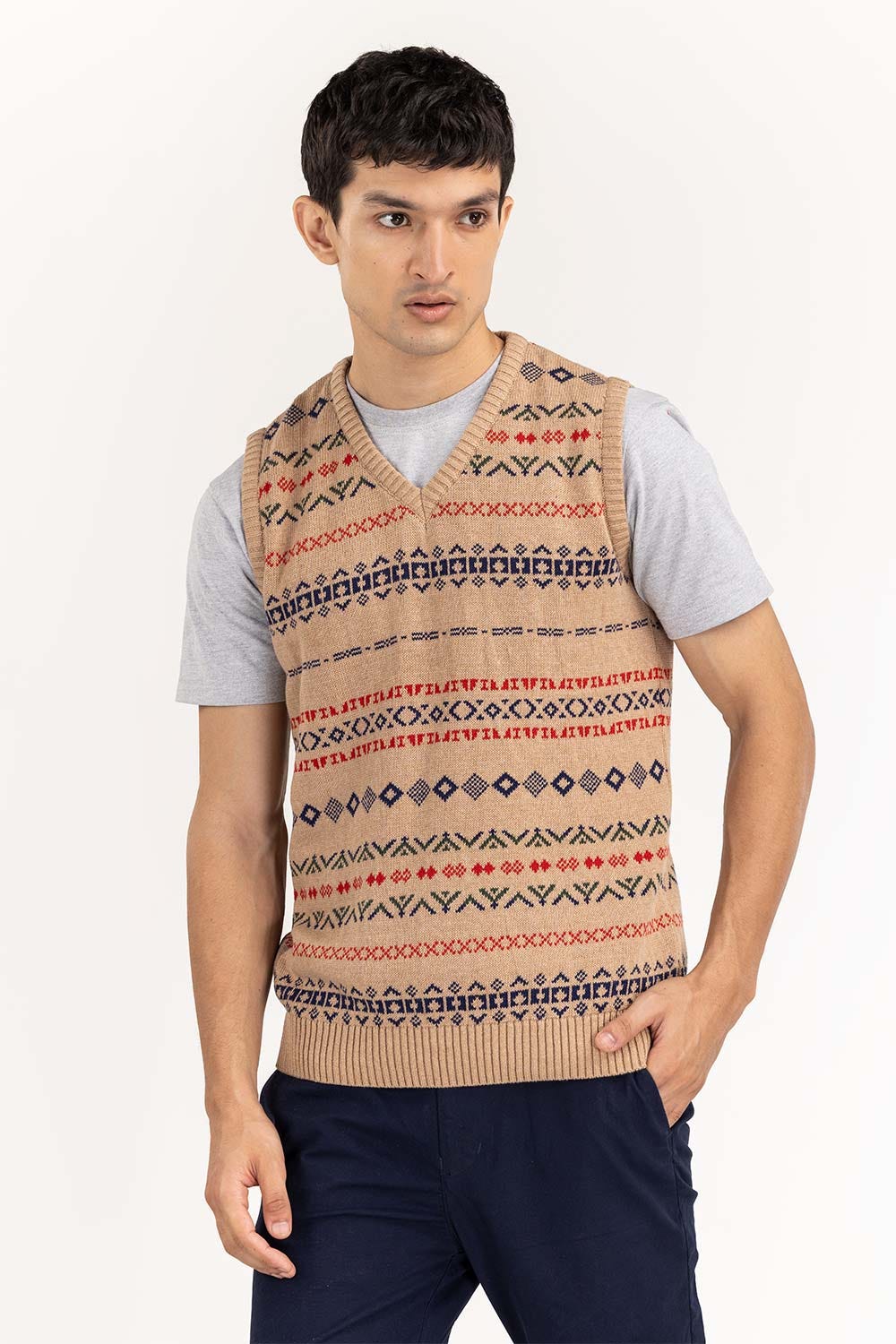 Beige Sleeveless Pattern Sweater SWT-FSLVN22-162