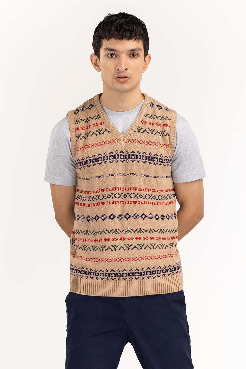 Beige Sleeveless Pattern Sweater SWT-FSLVN22-162