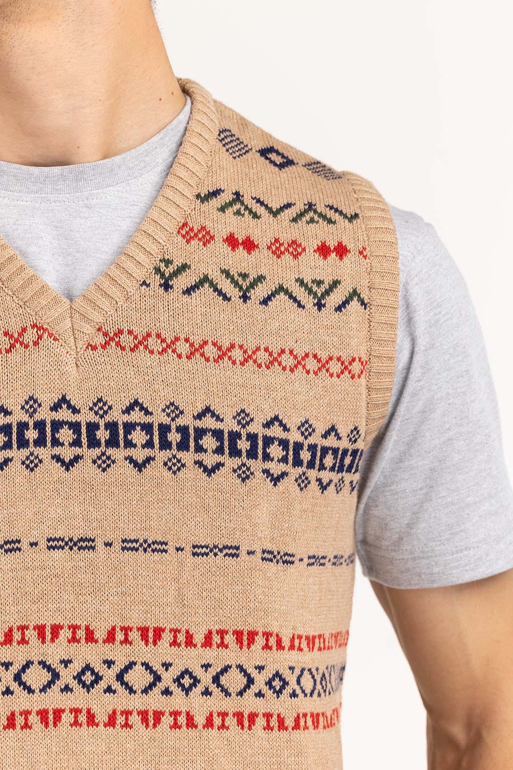 Beige Sleeveless Pattern Sweater SWT-FSLVN22-162