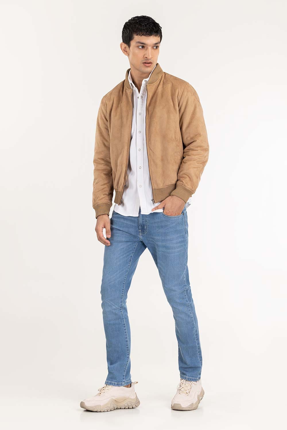 Beige Suede Leather Bomber Jacket JKT-LTH22-005