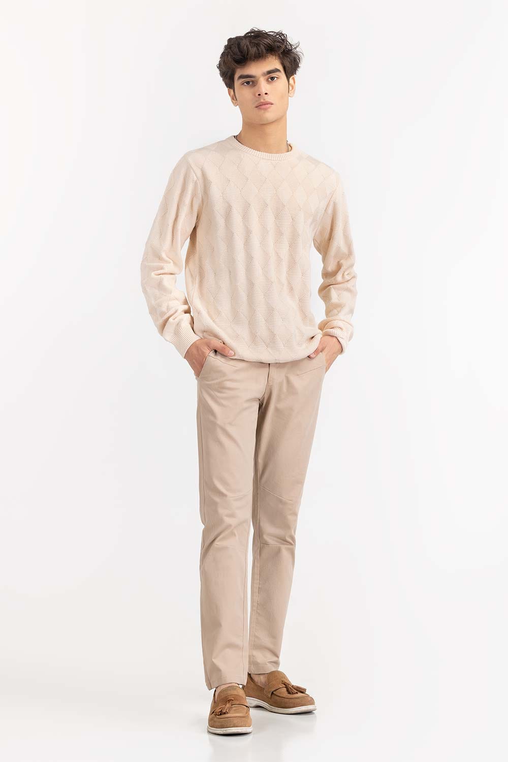 Beige Textured Crew Neck Sweater SWT-FFSCN22-171