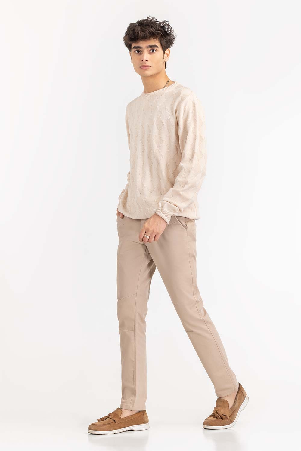 Beige Textured Crew Neck Sweater SWT-FFSCN22-171