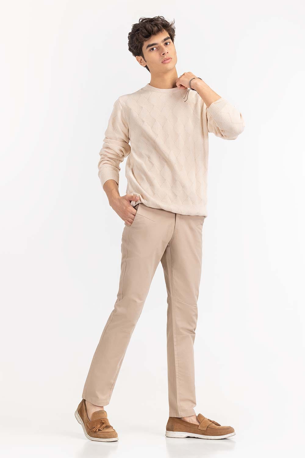 Beige Textured Crew Neck Sweater SWT-FFSCN22-171