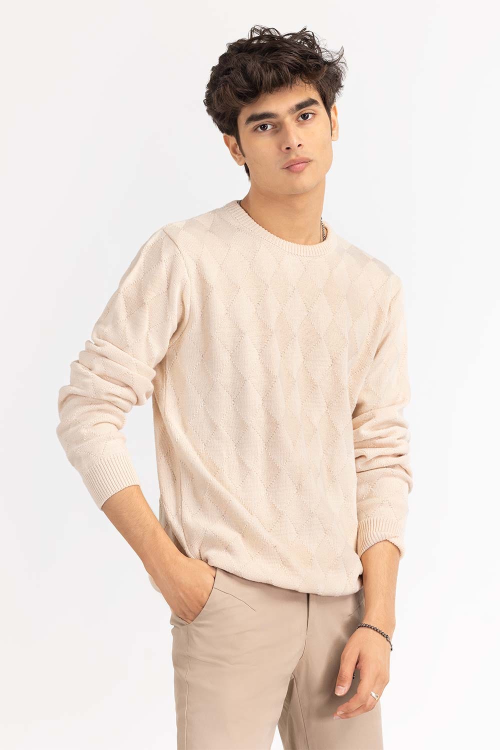 Beige Textured Crew Neck Sweater SWT-FFSCN22-171