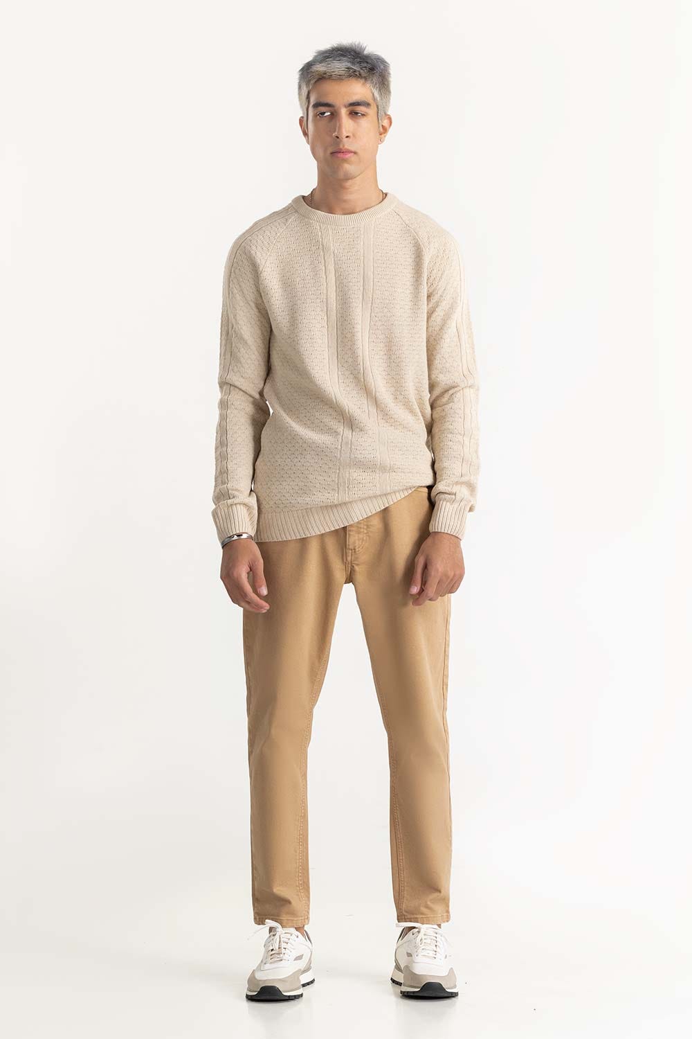 Beige Textured Sweater 224-111-039