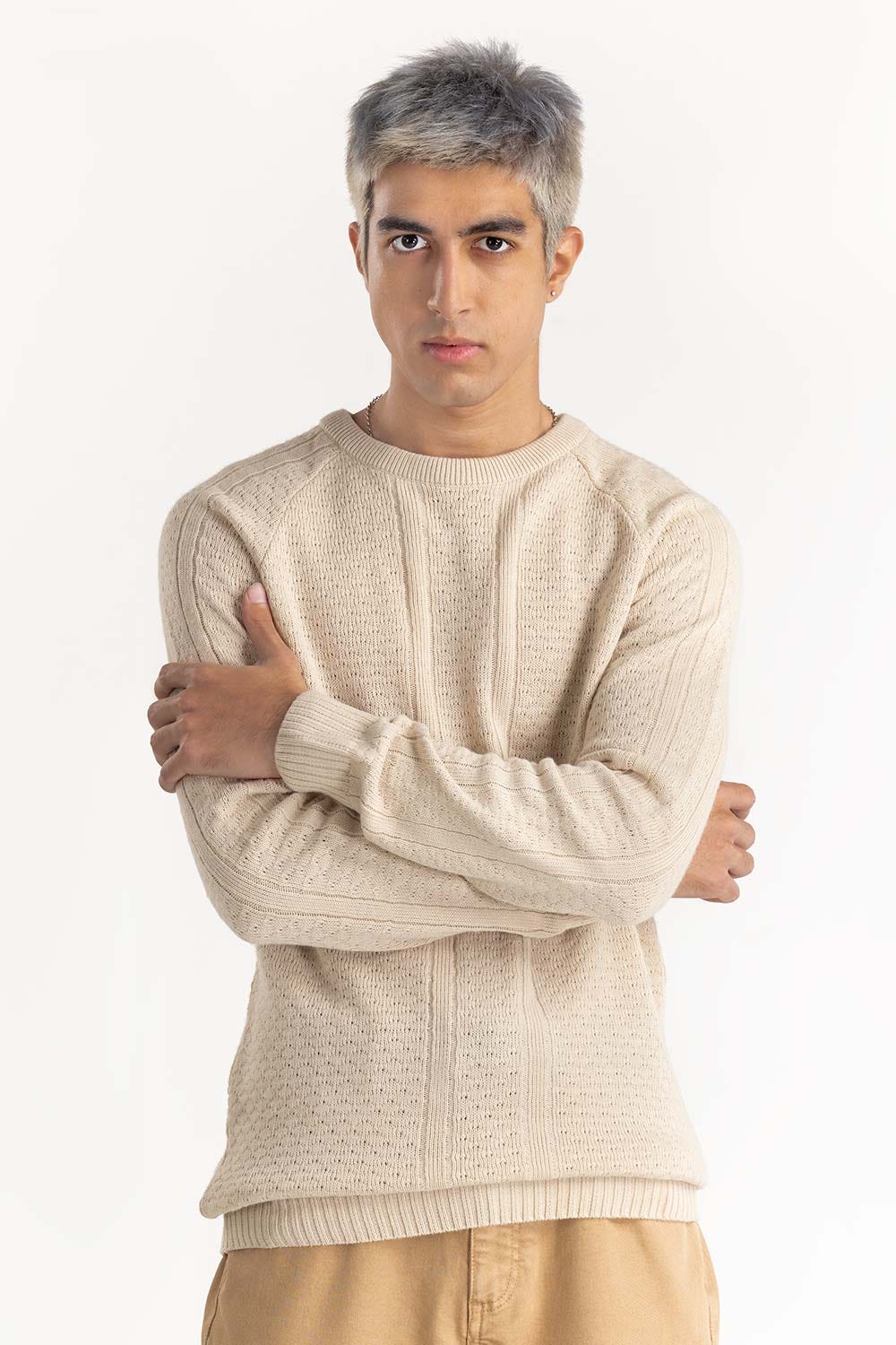 Beige Textured Sweater 224-111-039