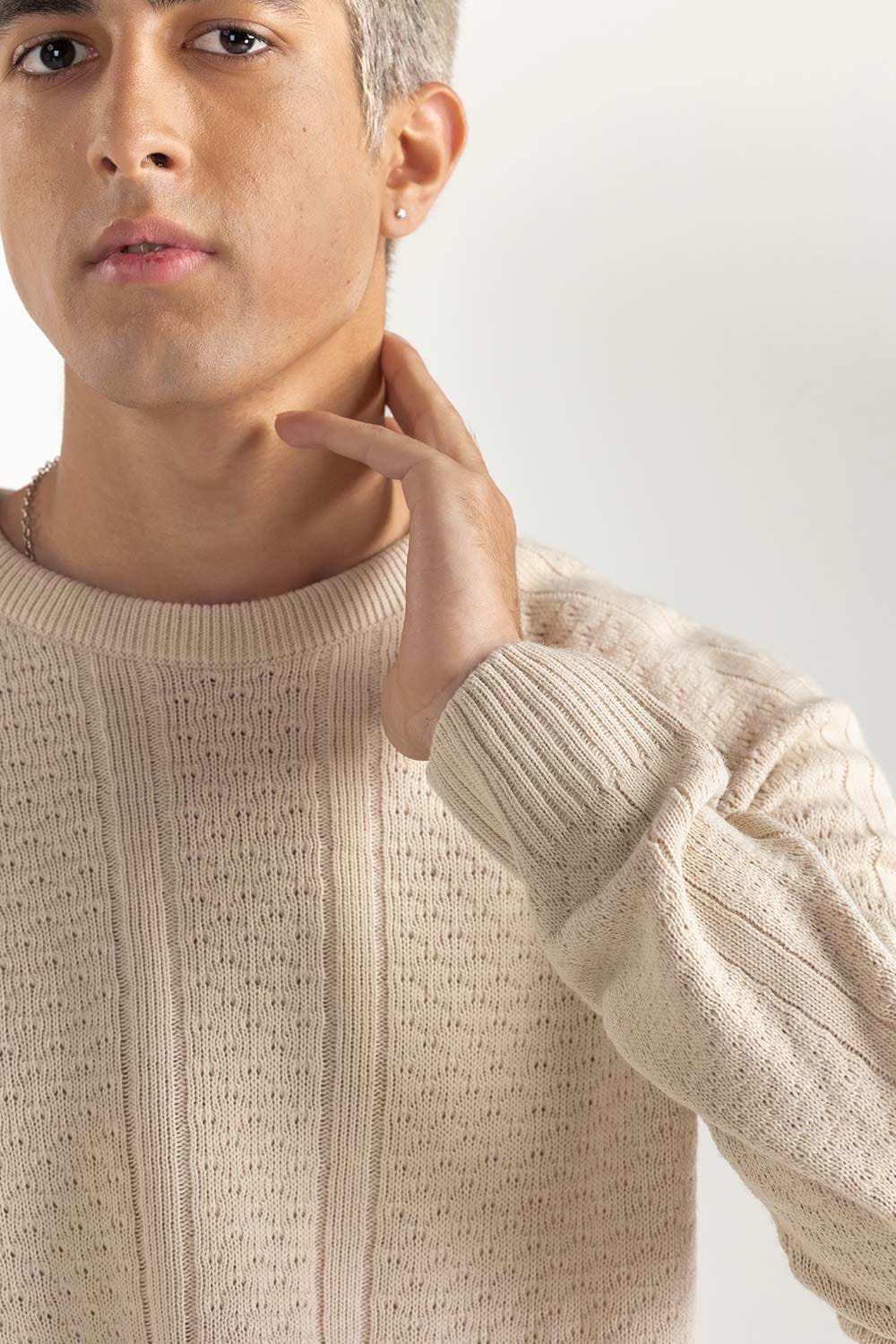 Beige Textured Sweater 224-111-039