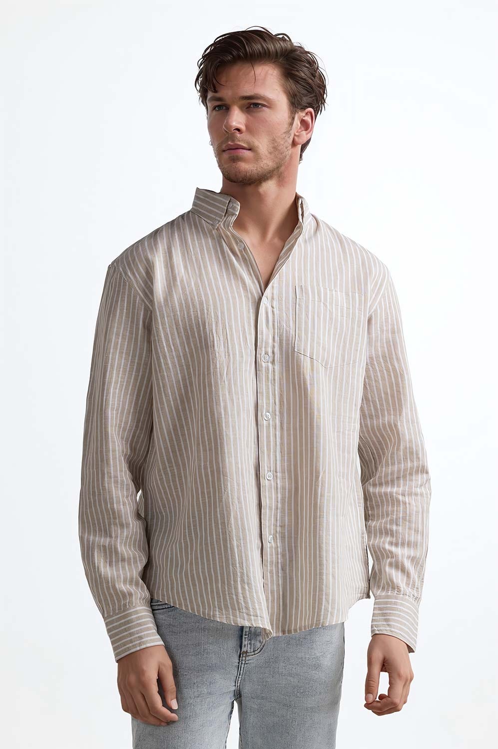 Beige White Stripe Casual Shirt MN-CS-SS24-003