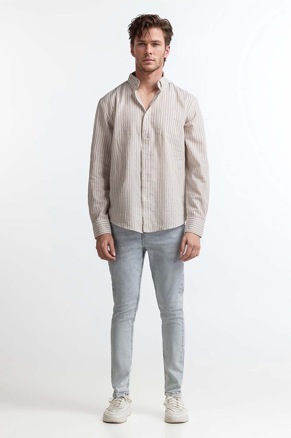 Beige White Stripe Casual Shirt MN-CS-SS24-003