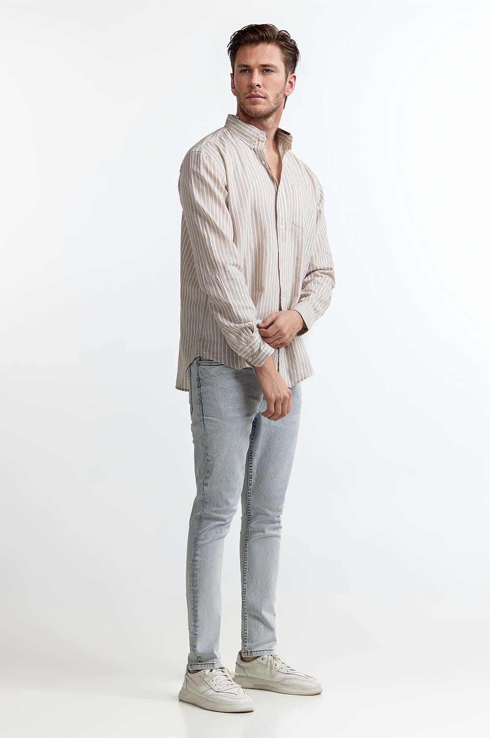 Beige White Stripe Casual Shirt MN-CS-SS24-003