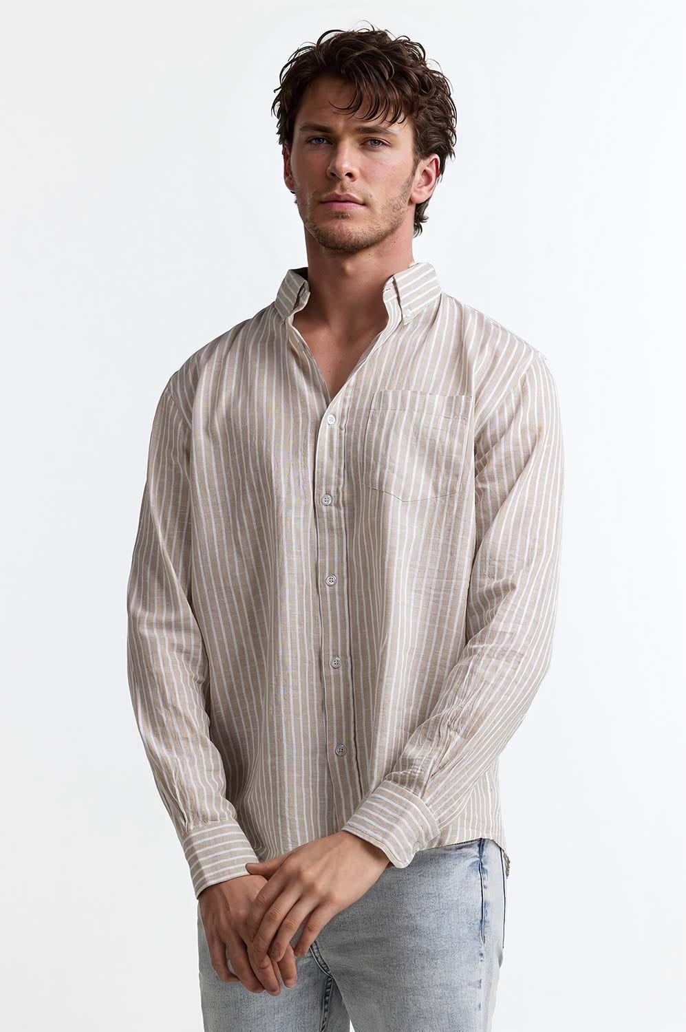Beige White Stripe Casual Shirt MN-CS-SS24-003