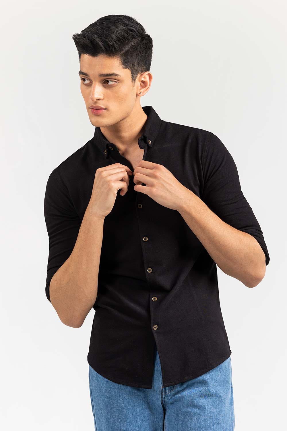 Black Basic Casual Knitted Shirt FS-CS-KNIT-D17