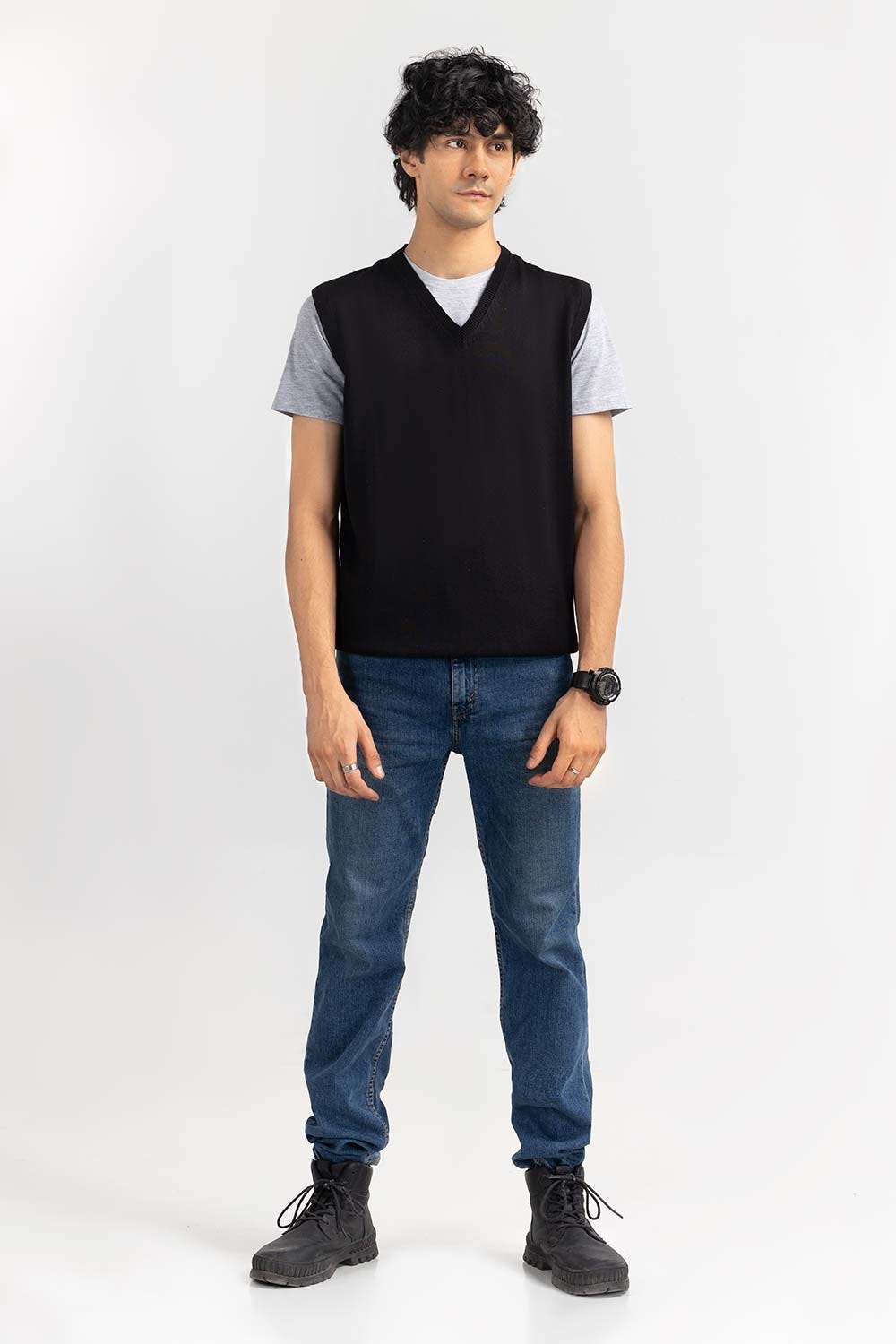 Black Basic V Neck Sleeveless Sweater SWT-BSLVN-22-009